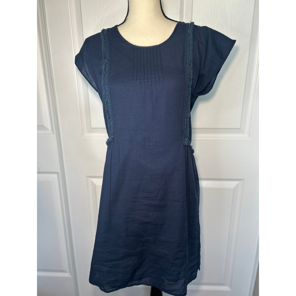 NWT Yerse Navy Blue Cotton Cap Sleeve Beaded Pintuck Dress Mini Dress Size XS